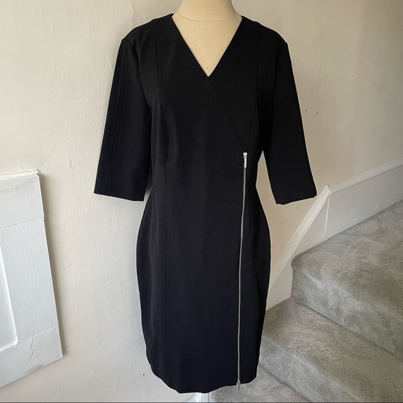 BOSS Hugo Boss Deazema Twill Jersey Dress Black Zipper Accent Sheath Size 6 EUC - Picture 3 of 10